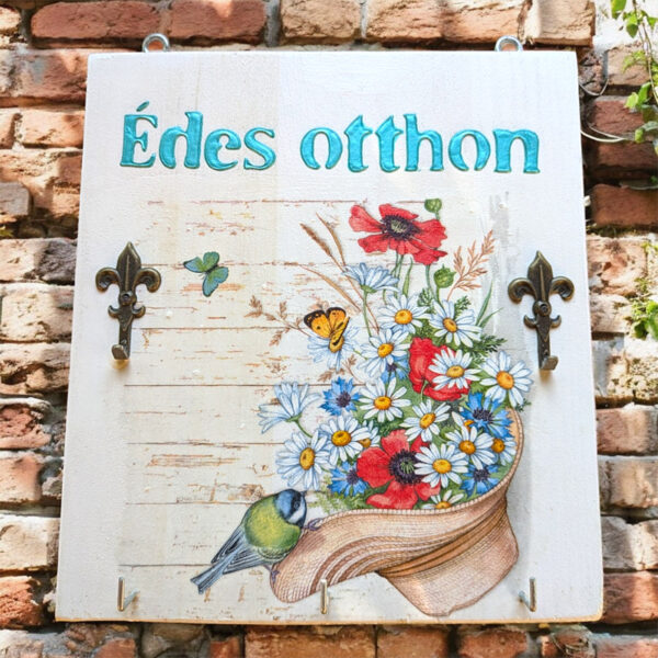 Édes otthon feliratos kézműves kulcstartós falikép