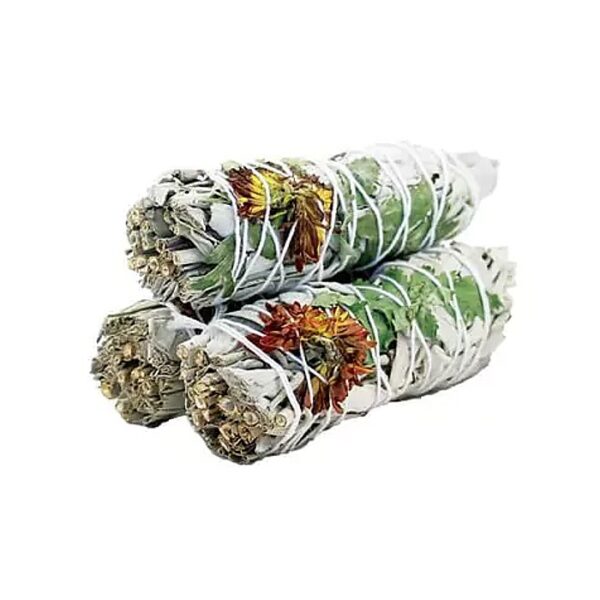 Fehér Zsálya Köteg Gyógynövényekkel és Virágokkal – „Peaceful Sage” – 10 cm